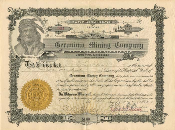 Geronimo Mining Co. - Stock Certificate